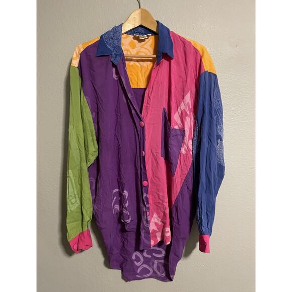Globe Trotter Tops - Vintage Womens Tunic One Size Colorblock Abstract Relaxed Wacky Artsy 90s FLAW